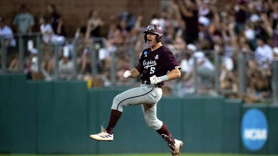 Texas A&M outfielder Hayden Schott (5) celebrates a solo home run against Louisiana during the fifth inning of the Bryan-College Station Regional NCAA baseball game, Sunday, June 2, 2024, in College Station, Texas. (Meredith Seaver/College Station Eagle via AP)