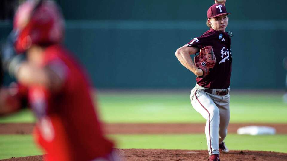 Texas A&M pitcher Shane Sdao (38) delivers a pitch to Louisiana during a Bryan-College Station Regional NCAA baseball game, Sunday, June 2, 2024, in College Station, Texas. (Meredith Seaver/College Station Eagle via AP)