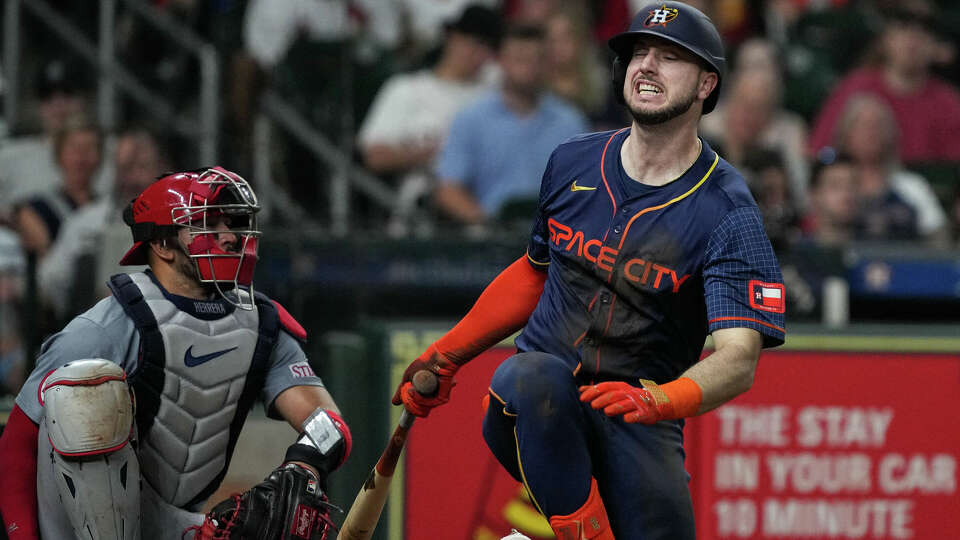 Houston Astros right fielder Kyle Tucker (30) crumples after fouling a ball off himself during the third inning of an MLB game Monday, June 3, 2024, at Minute Maid Park in Houston.