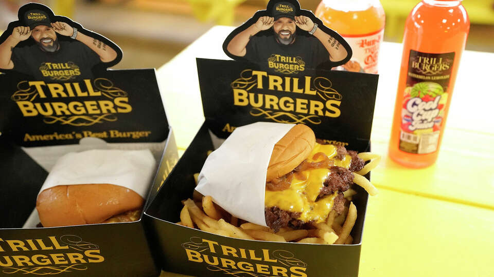 A Trill Burger on a table during the soft opening of Trill Burgers on Wednesday, June 7, 2023, in Houston.