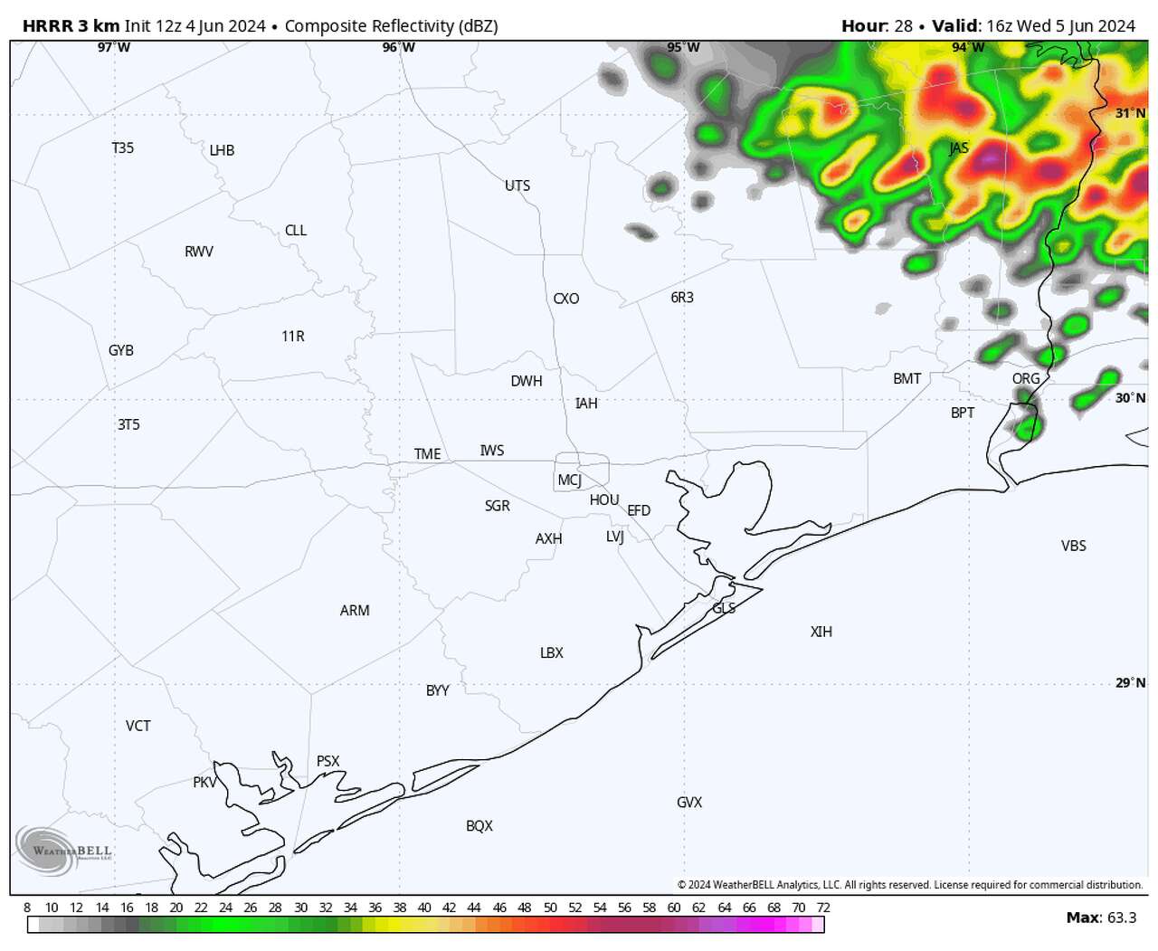 Shown is how the High Resolution Rapid Refresh model expects future radar to look across Southeast Texas late Wednesday morning. A weakening thunderstorm complex will be diving south and east through Wednesday morning, bringing storm chances to areas mainly north and east of Houston.