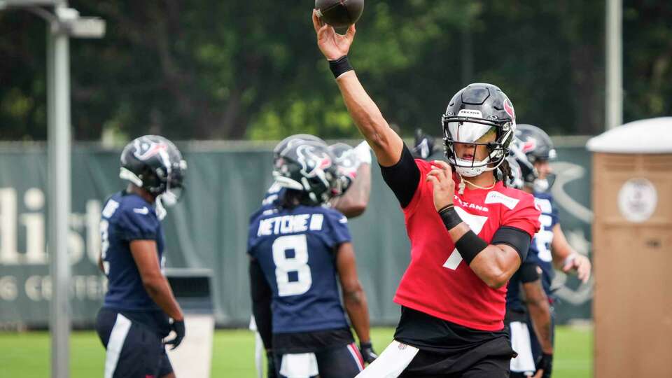 Houston Texans quarterback C.J. Stroud throws a pass during an NFL football mini camp practice on Tuesday, June 4, 2024, at Houston Methodist Training Center in Houston.