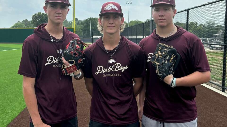 Magnolia West senior pitchers (from left) Jayton Harral, Dawson Park and Connor Bostain have played a huge role in the Mustangs' repeat run to the UIL Class 5A tournament.