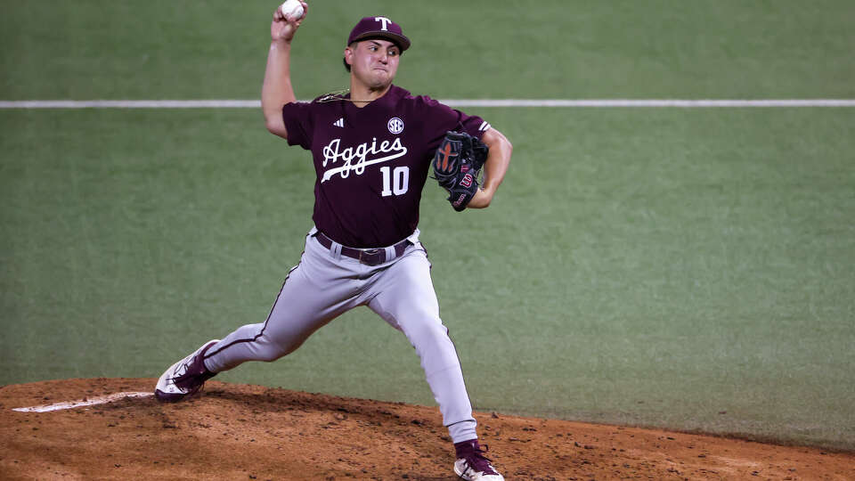 Texas A&M pitcher Chris Cortez (10) pitches the ball during the college baseball game between Texas Longhorns and Texas A&M Aggies on March 5, 2024, at UFCU Disch-Falk Field in Austin. 