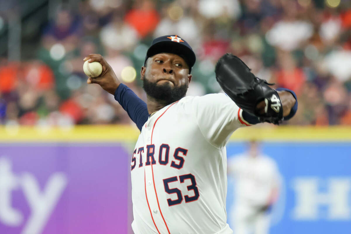 Houston Astros starting pitcher Cristian Javier (53) throws a pitch in the top of the second inning during the MLB game between the Los Angeles Angels and Houston Astros on May 21, 2024 at Minute Maid Park in Houston, Texas.