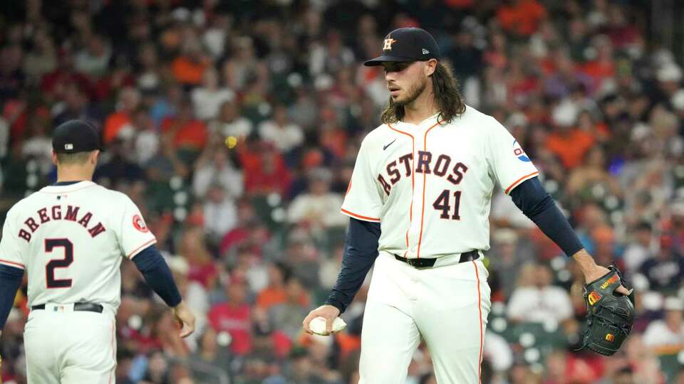 Houston Astros starting pitcher Spencer Arrighetti (41) reacts after walking St. Louis Cardinals Paul Goldschmidt during the third inning of an MLB baseball game at Minute Maid Park on Wednesday, June 5, 2024, in Houston.