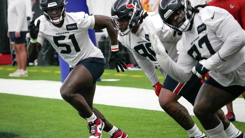 Houston Texans defensive linemen Will Anderson, Jr., (51), Tim Settle (98) and Mario Edwards (97) run drills during an NFL mandatory mini camp practice Wednesday, June 5, 2024, at Houston Methodist Training Center in Houston.