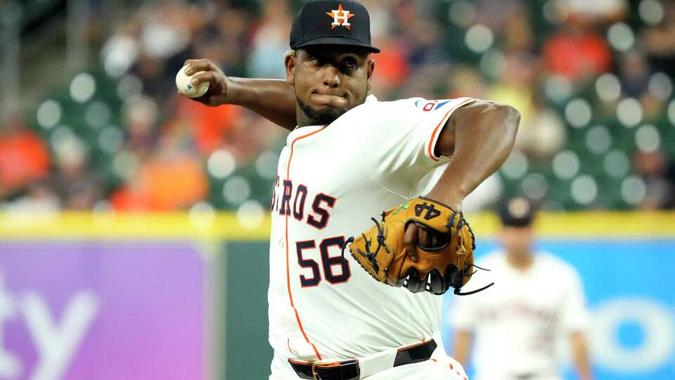 Houston Astros starting pitcher Ronel Blanco (56) pitches to St. Louis Cardinals Brendan Donovan during the first inning of an MLB baseball game at Minute Maid Park on Thursday, June 6, 2024, in Houston.