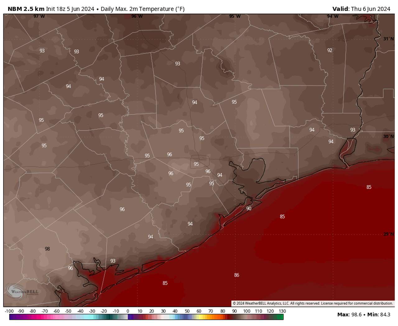 Shown are forecast highs across the Houston area Thursday, according to the National Blend of Models. Most of us will see highs top out into the mid-90s with heat index values likely near 100 degrees.