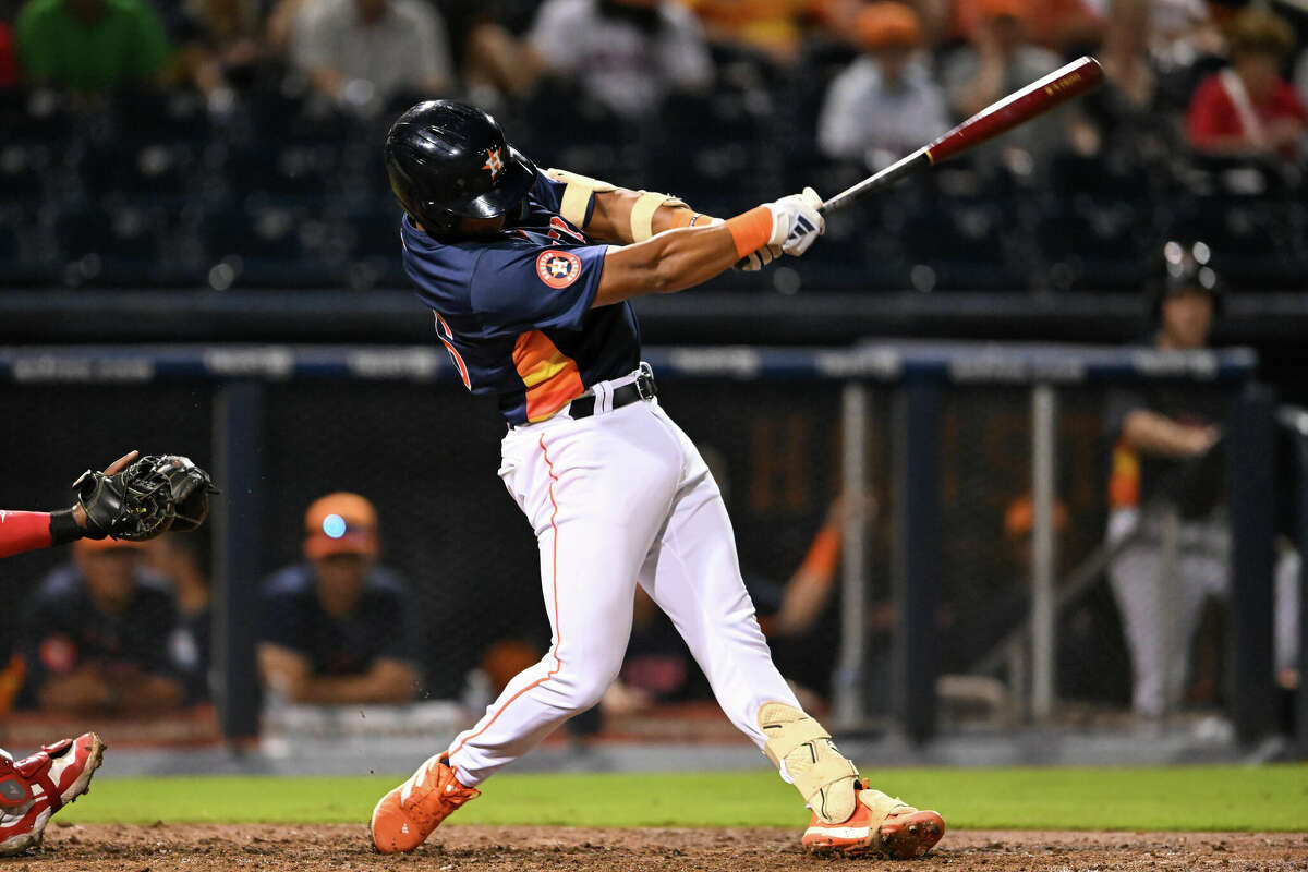 John Garcia #96 of the Houston Astros bats during the eighth inning of a spring training game against the Washington Nationals at CACTI Park of the Palm Beaches on March 18, 2024 in West Palm Beach, Florida.