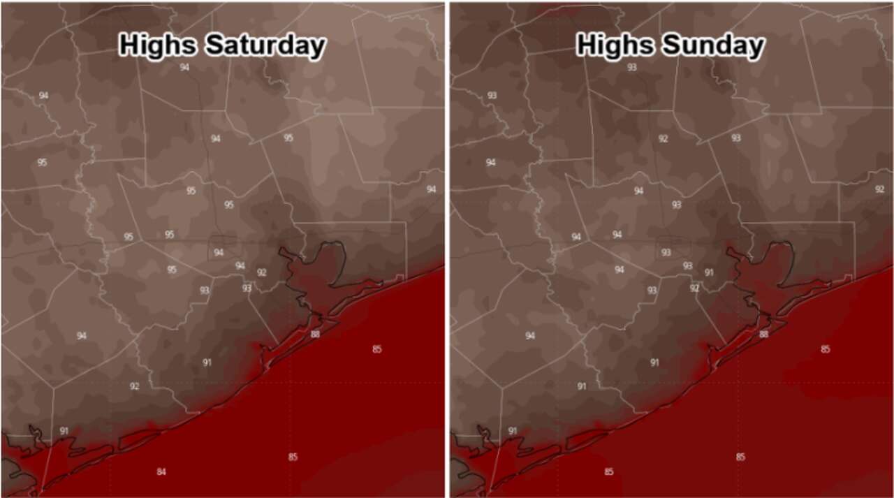 Shown are forecast high temperatures this weekend for Southeast Texas, according to the National Blend of Models. Highs both Saturday and Sunday will approach the mid-90s with heat index values of between 100 and 105 degrees.