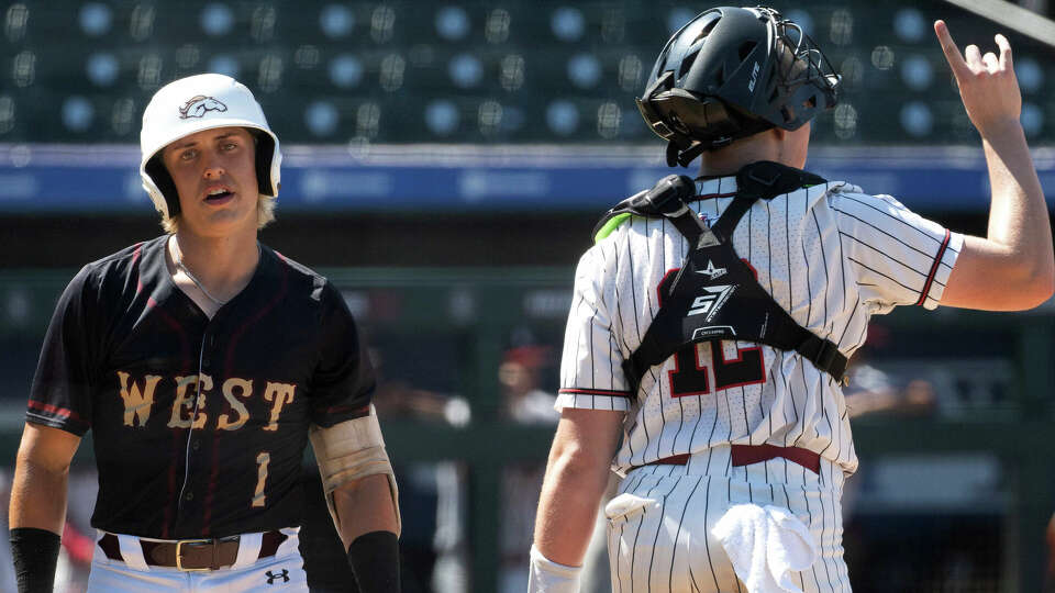 Magnolia West's Trenton Buckley (1) reacts after striking out in the first inning of a Class 5A state semifinal high school game during the UIL State Baseball Championships at Dell Dimond, Thursday, June 6, 2024, in Round Rock.