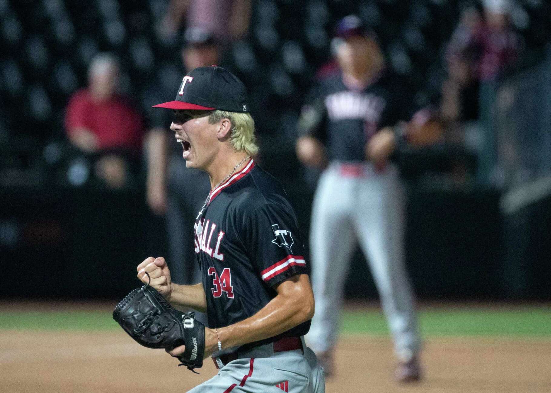 Tomball starting pitcher C.J. Sampson (34) celebrates after the team’s 2-0 shutout win over San Antonio Johnson in a Class 6A state semifinal high school game during the UIL State Baseball Championships at Dell Dimond, Friday, June 7, 2024, in Round Rock.