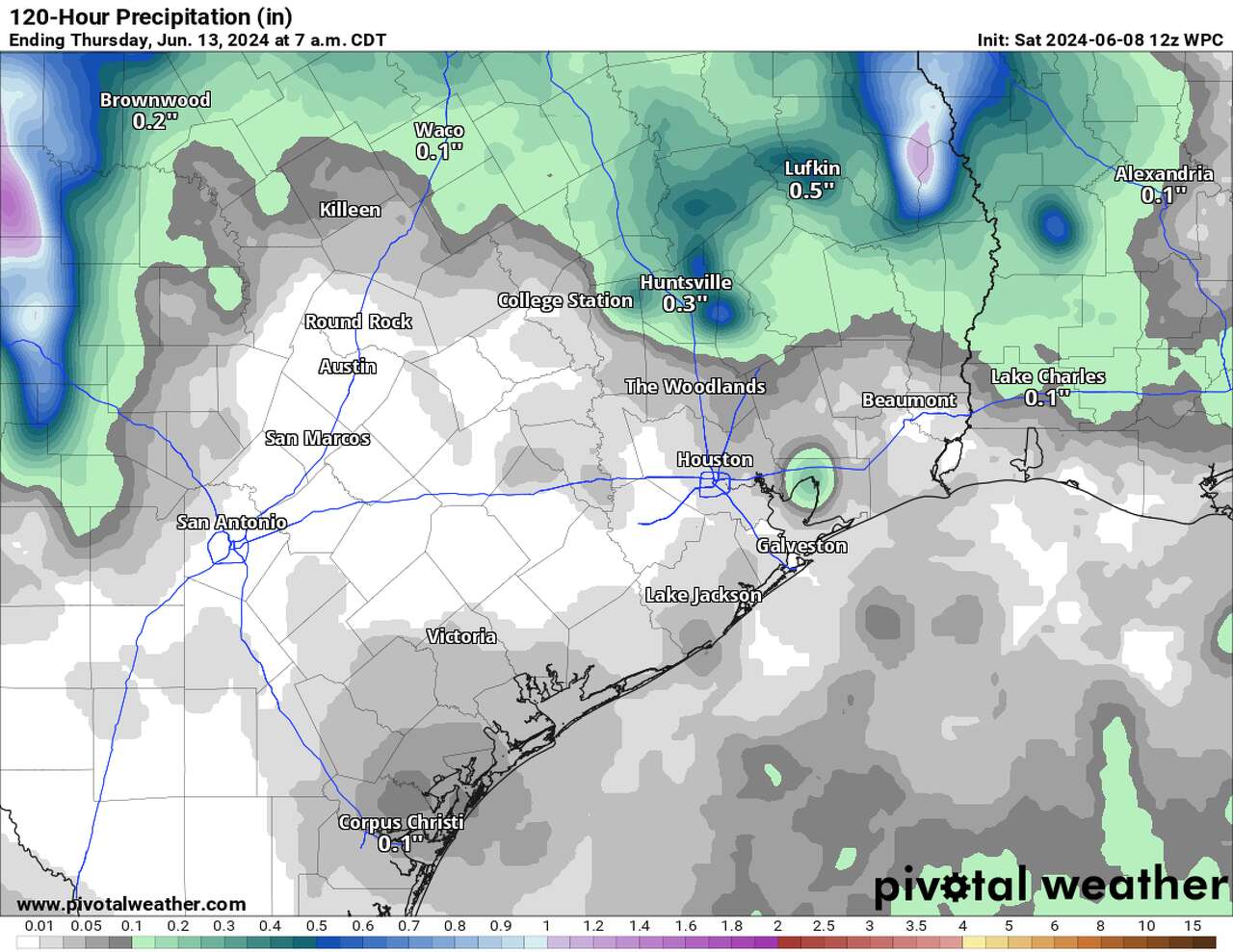 Here's a look at expected rainfall through Wednesday. Even with isolated storms possible, rainfall totals will stay low in and around Houston. 