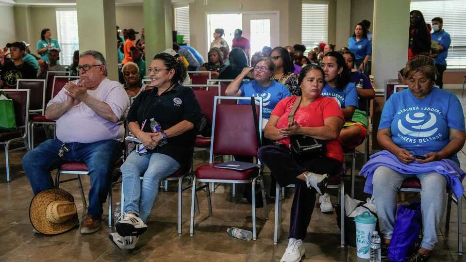 Community leaders and residents affected by May's extreme weather that left thousands without power hold a press conference ahead of a town hall and resource fair on Saturday, June 8, 2024, in Houston.