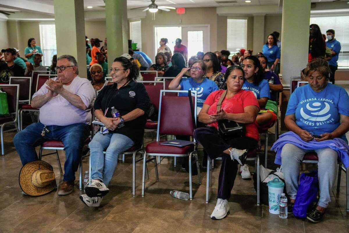 Community leaders and residents affected by May's extreme weather that left thousands without power hold a press conference ahead of a town hall and resource fair on Saturday, June 8, 2024, in Houston.