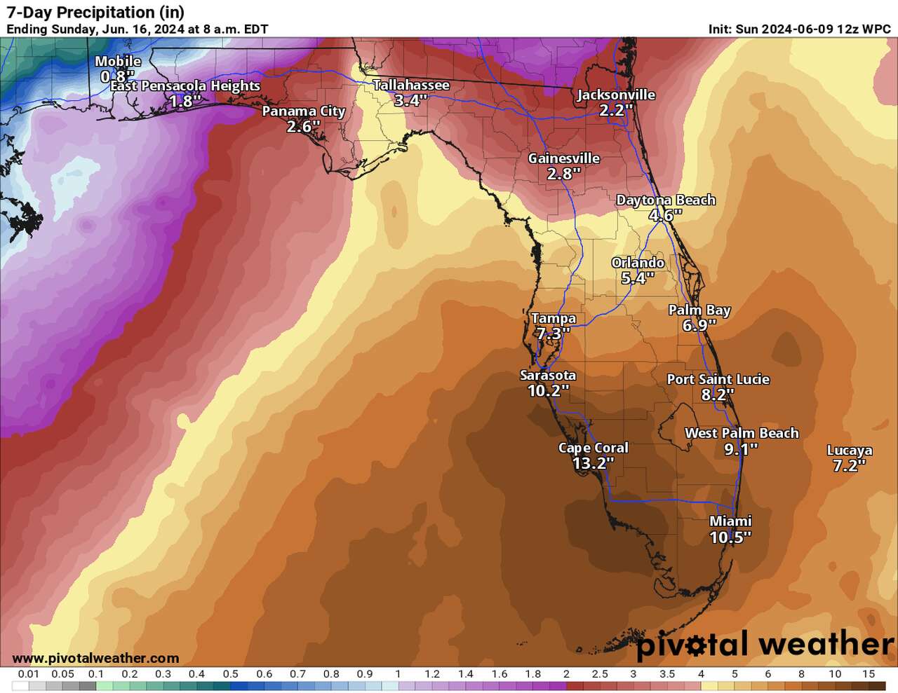 Shown are rainfall totals through Sunday in Florida, according to the Weather Prediction Center. A surge of tropical moisture will bring incredibly wet weather to the Sunshine State, but Southeast Texas will miss out on the heaviest rain.