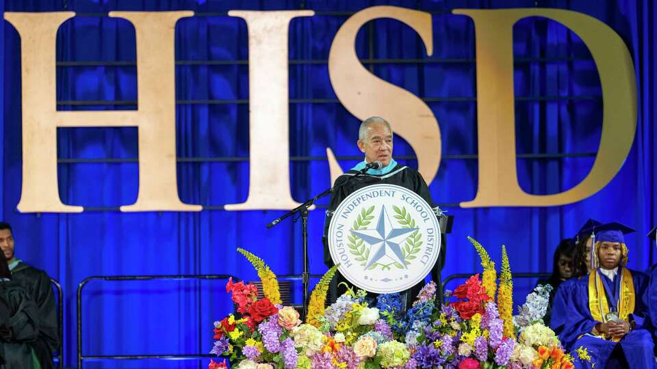 HISD Superintendent of Schools Mike Miles speaks during the Wheatley High School graduation ceremony at Delmar Fieldhouse Sunday, June 9, 2024 in Houston.