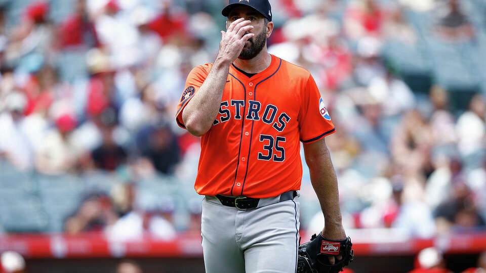 Justin Verlander #35 of the Houston Astros walks to the dugout after the third out against the Los Angeles Angels in the second inning at Angel Stadium of Anaheim on June 09, 2024 in Anaheim, California. (Photo by Ronald Martinez/Getty Images)