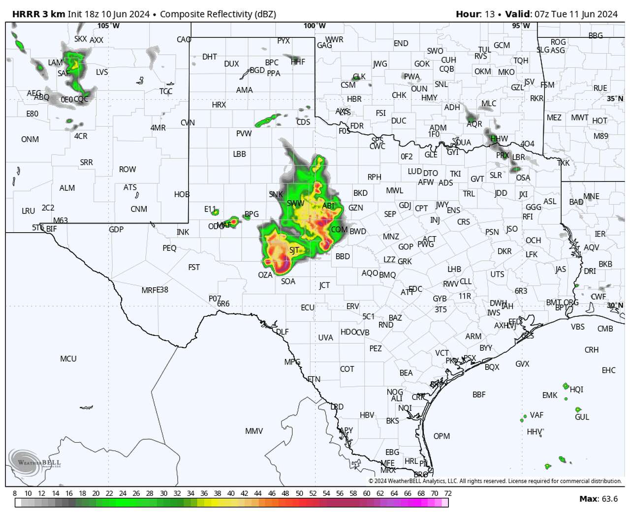 Shown is how future radar could look across Texas Tuesday, according to the High Resolution Rapid Refresh model. Strong storms are expected to bring the risk of large hail and damaging winds, especially along and west of I-35. Houston's risk of strong storms arrives after sunset Tuesday.