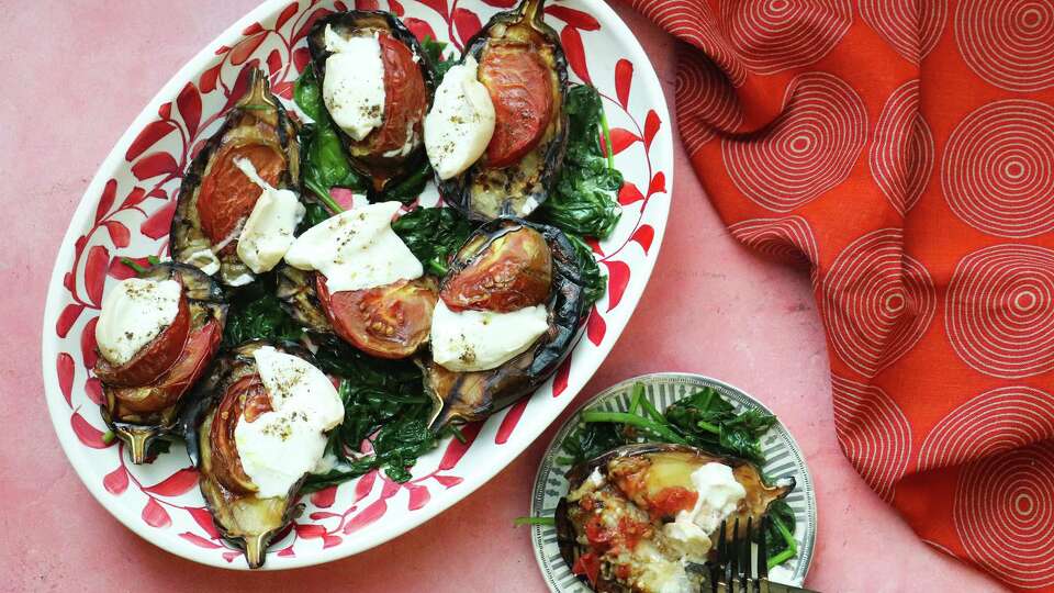 Grilled eggplant with tomato and burrata from Anita Jaisinghani