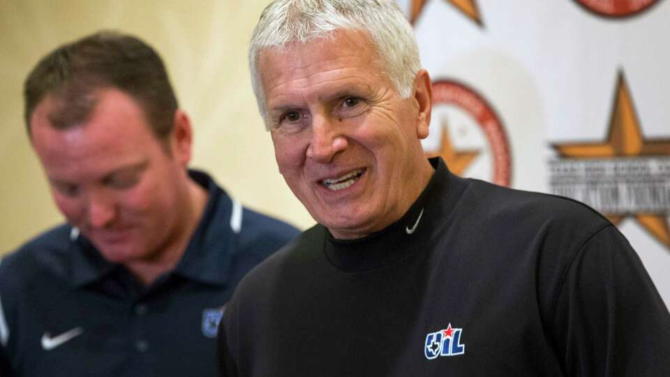 Dr. Charles Breithaupt, the UIL's Executive Director, talks about the move of the UIL state championship football games to NRG Stadium during a news conference at the Texas High School Coaches Association Coaching School on Monday, July 20, 2015, in Houston.