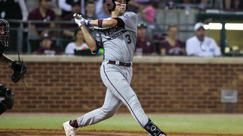 Texas A&M's Kaeden Kent connects on a homer against Oregon in the NCAA Super Regional in College Station.