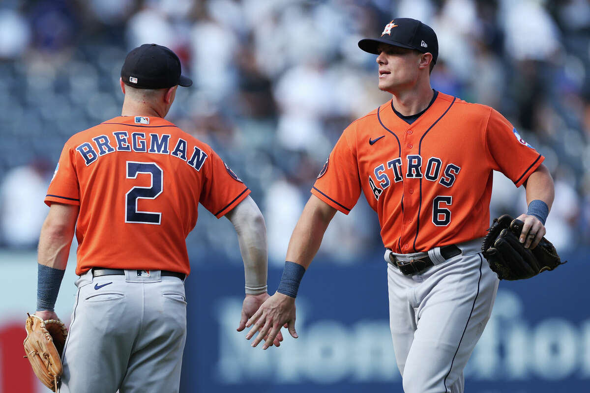 Jake Meyers #6 celebrates with Alex Bregman #2 of the Houston Astros after the ninth inning against the New York Yankees at Yankee Stadium on August 06, 2023 in the Bronx borough of New York City.