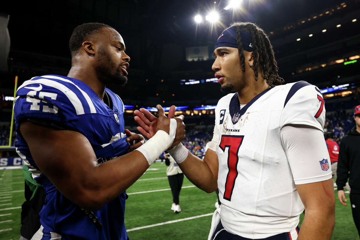 E.J. Speed #45 of the Indianapolis Colts shakes hands with C.J. Stroud #7 of the Houston Texans after an NFL football gameat Lucas Oil Stadium on January 6, 2024 in Indianapolis, Indiana.