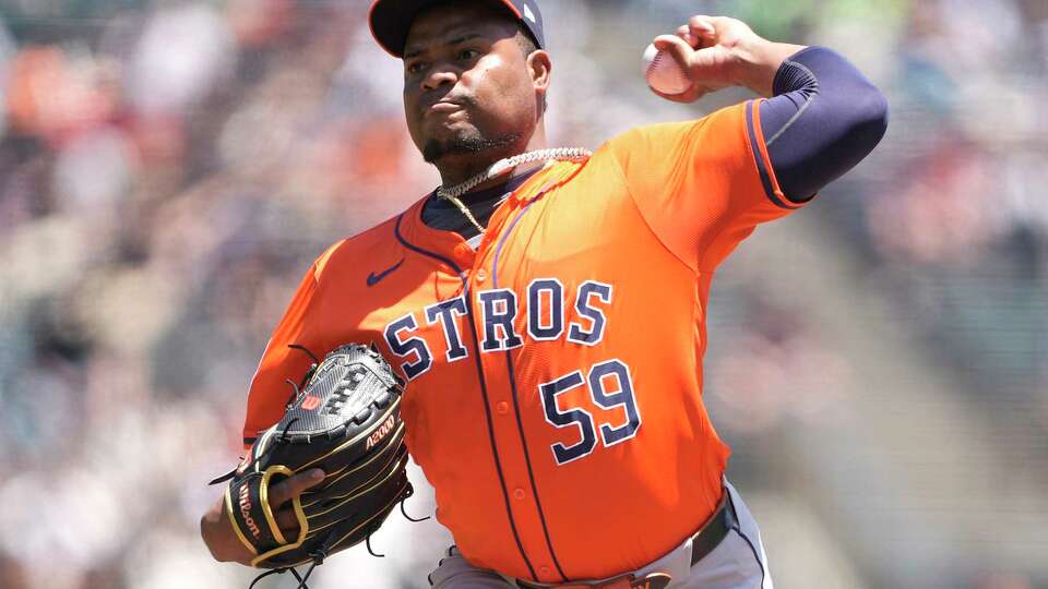 SAN FRANCISCO, CALIFORNIA - JUNE 12: Framber Valdez #59 of the Houston Astros pitches against the San Francisco Giants in the bottom of the first inning at Oracle Park on June 12, 2024 in San Francisco, California.