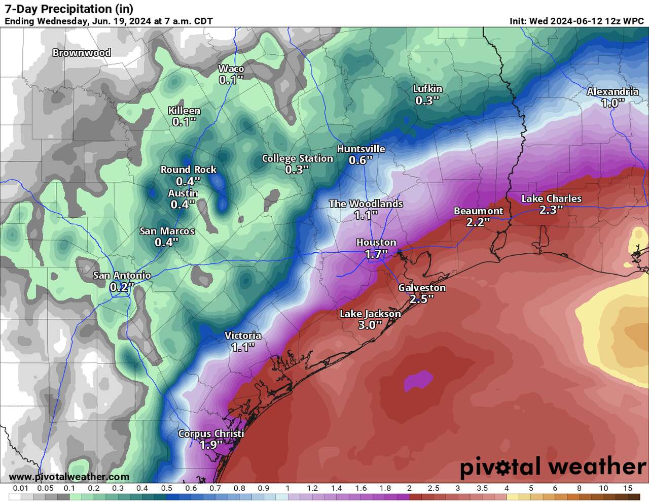 Shown are forecast rainfall totals through Wednesday morning across Southeast Texas, according to the Weather Prediction Center. As tropical moisture surges into Southeast Texas, pockets of heavy rain are going to fall along the immediate coast.