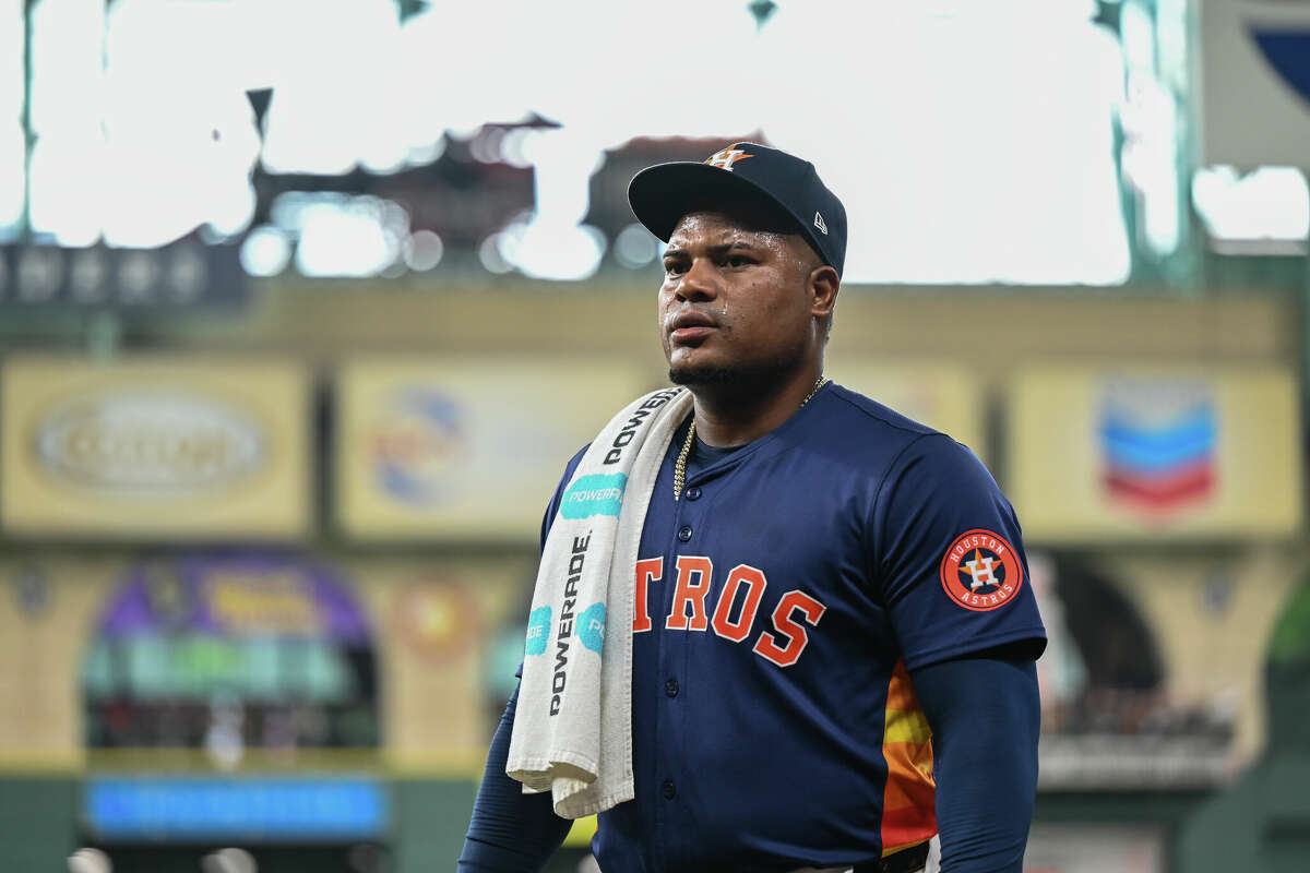 Framber Valdez #59 of the Houston Astros walks to the dugout before the game against the Seattle Mariners at Minute Maid Park on May 04, 2024 in Houston, Texas. 