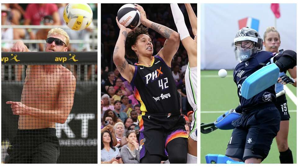 From left, Chase Budinger (beach volleyball), Brittney Griner (basketball) and Kelsey Bing (field hockey) are athletes with Houston ties who will compete at the 2024 Paris Olympics. 