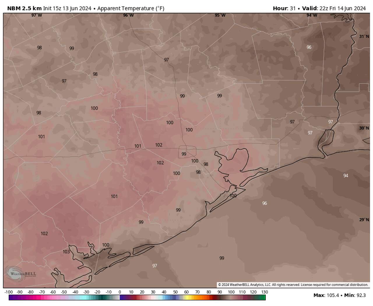 Shown are forecast heat index values Friday afternoon across Southeast Texas, according to the National Blend of Models. Heat index values Friday and Saturday top out over 100 degrees for many areas.