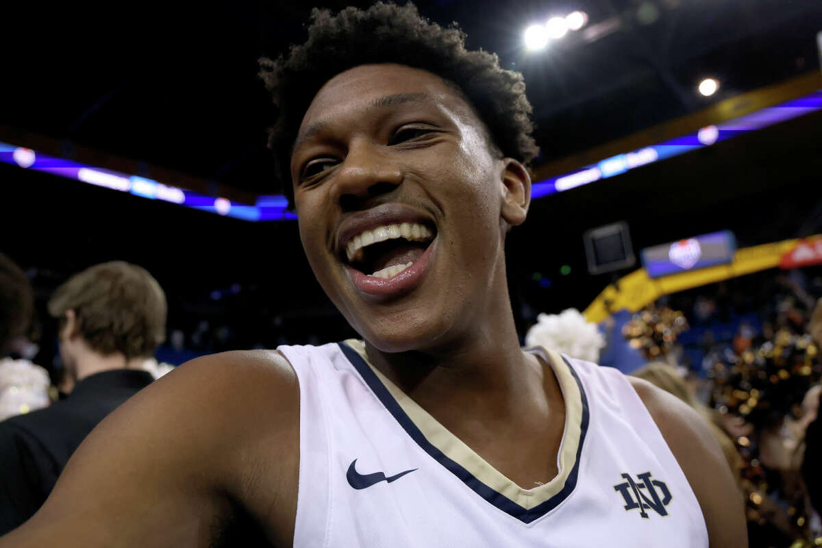 Mercy Miller #25 of the Notre Dame Knights smiles after 66-62 win over the Sierra Canyon Trailblazers at UCLA Pauley Pavilion on January 27, 2023 in Los Angeles, California.