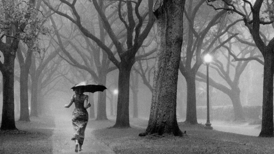 Woman caught in afternoon thunderstorn near Rice University, Aprill 1979.