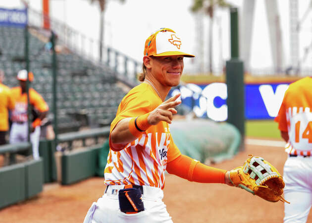 Corpus Christi Hooks' outfielder Kenedy Corona wears the team's Honey Butter Chicken Biscuit jerseys. The Hooks play as the Fighting Honey Butter Chicken Biscuits on Wednesdays during Whataburger Family Day. 