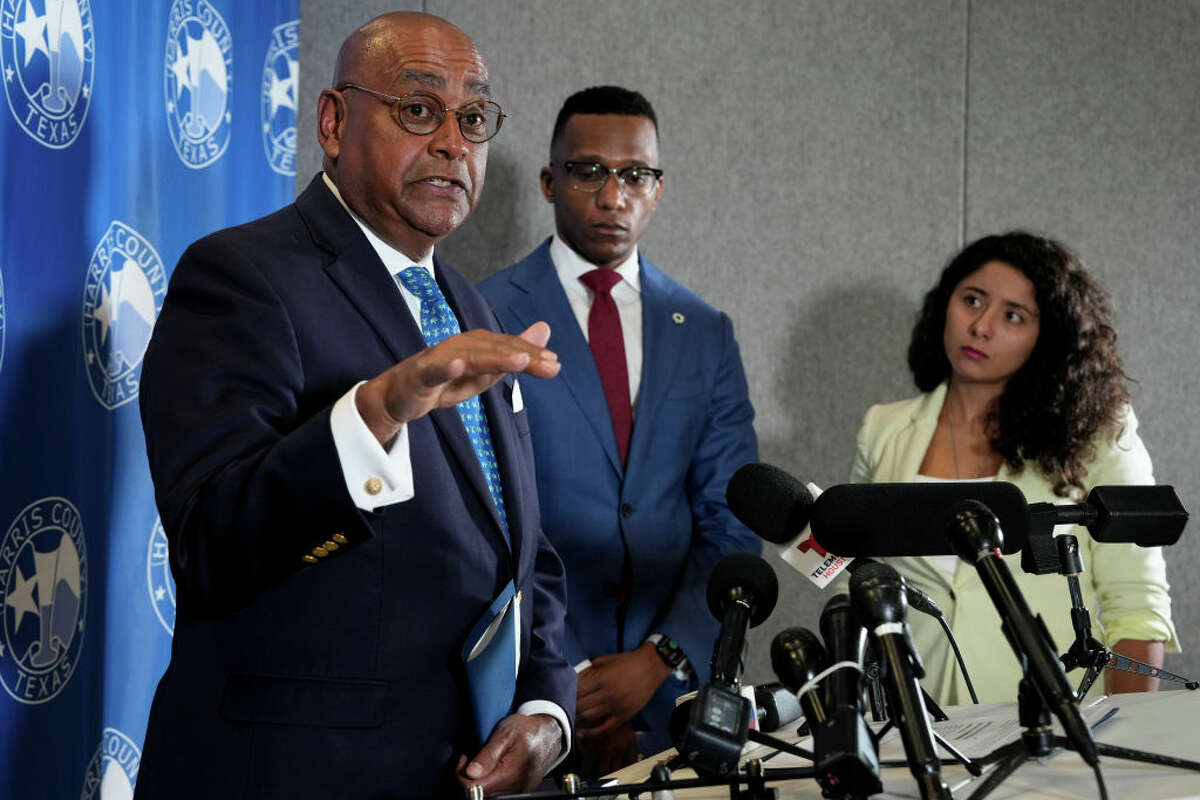 HOUSTON, TEXAS - APRIL 10: Harris County Commissioner Precinct 1 Rodney Ellis answers a question from the press during a press conference responding to Texas Attorney General Ken Paxtons lawsuit challenging the Uplift Harris program, the guaranteed income program, Wednesday, April 10, 2024 at Harris County Administration Building in Houston. Harris County officials called the lawsuit by Paxton a targeted act. (Yi-Chin Lee/Houston Chronicle via Getty Images)