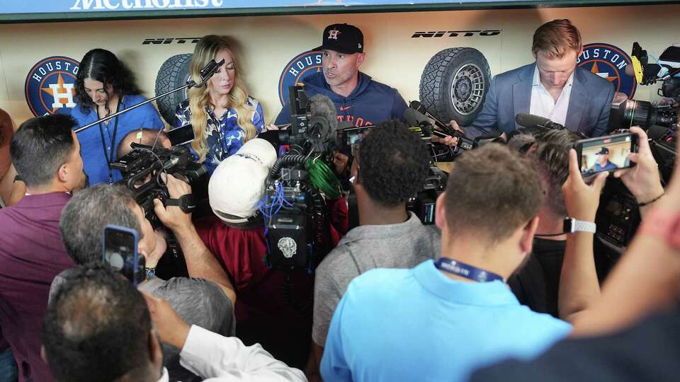 Houston Manager Joe Espada talks to the media about releasing José Abreu before the Houston Astros take on the Detroit Tigers at Minute Maid Park on Friday, June 14, 2024 in Houston.