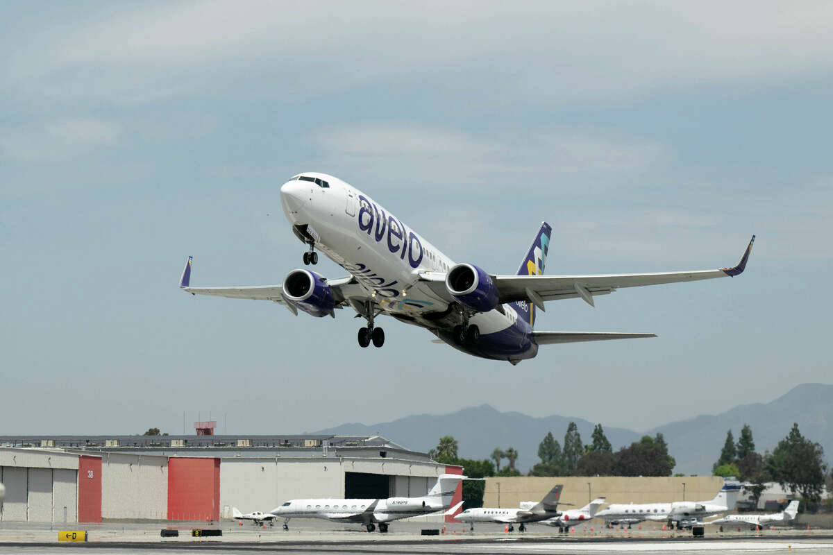 An Avelo 737 takes off from Burbank airport Tuesday, April 26, 2022. Avelo Airlines launched one year ago operating out of Hollywood Burbank Airport and is now staffed by more than 400 employees. It's based in Houston.