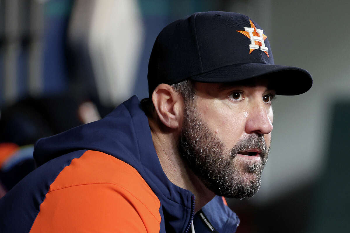 Justin Verlander #35 of the Houston Astros looks on during the first inning against the Seattle Mariners at T-Mobile Park on May 29, 2024 in Seattle, Washington.