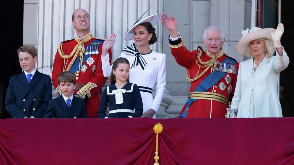 Prince William, Prince of Wales and Catherine, Princess of Wales with King Charles III, Queen Camilla, Prince Louis of Wales, Prince George of Wales and Princess Charlotte of Wales during Trooping the Colour on June 15, 2024 in London, England. 