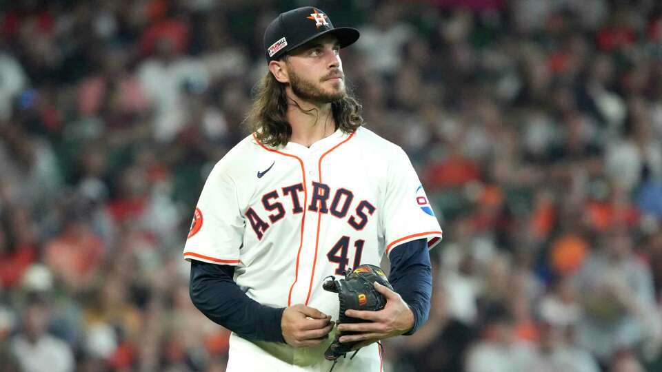 Houston Astros starting pitcher Spencer Arrighetti (41) reacts after Detroit Tigers Riley Greene's three-run home run during the second inning of an MLB baseball game at Minute Maid Park on Saturday, June 15, 2024, in Houston.