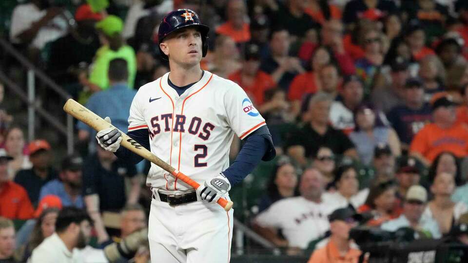 Houston Astros Alex Bregman (2) reacts after striking out during the third inning of an MLB baseball game at Minute Maid Park on Saturday, June 15, 2024, in Houston.