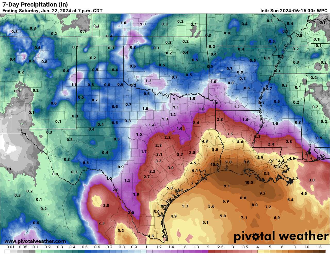 Shown are the potential rainfall totals over the next seven days for Southeast Texas.