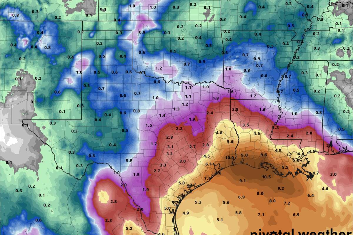 Shown are the potential rainfall totals over the next seven days for Southeast Texas.