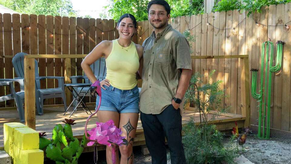 Lemon Drop Farmers Market owners, Jessie and Davar Ghiyassi, stand in the outdoor seating area of their new market Sunday, June 16, 2024, on Airline Drive in Houston