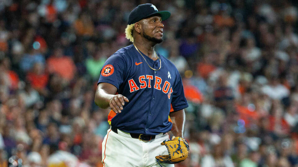 Houston Astros starting pitcher Ronel Blanco (56) reacts to Detroit Tigers catcher Carson Kelly (15) walking during the fifth inning of an MLB baseball game at Minute Maid Park on Sunday, June 16, 2024 in Houston.