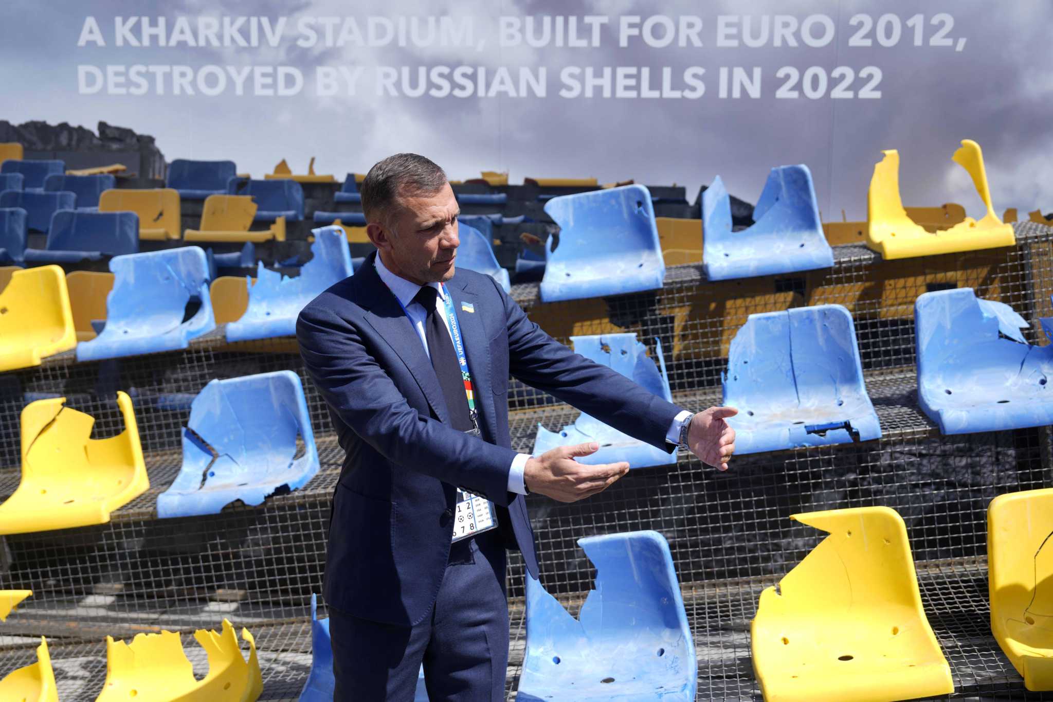 Ukraine displays destroyed stadium stand in Munich in reminder of war ahead  of Euro 2024 opener