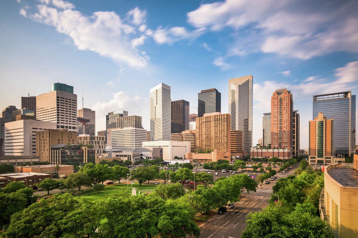 Houston, Texas, USA downtown city park and skyline.